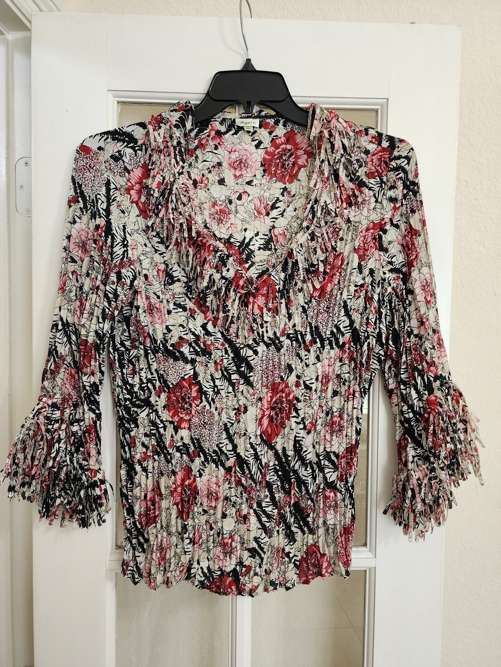 Agora XL Accordion Pleated Boho Floral Fringe Peasant Blouse